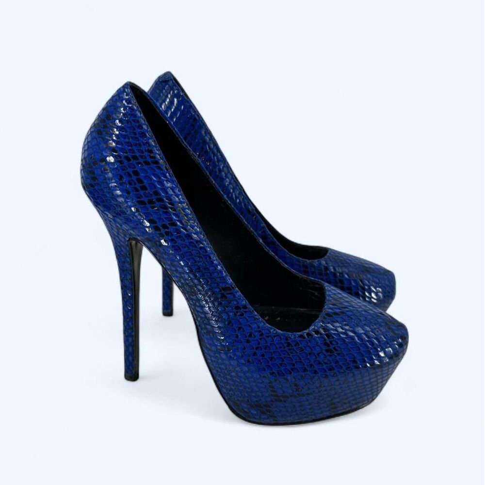 Blue Faux Python Leather Almond Toe High Stiletto Platform Pumps Club Shoes